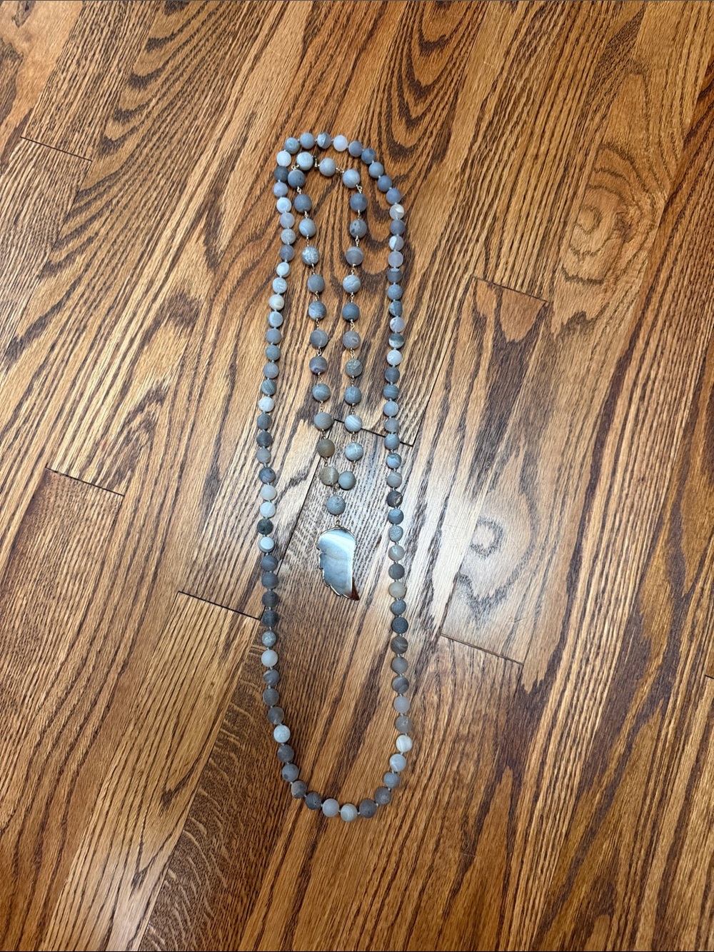 2 separate Beaded Gray Agate Long Necklace with Silver Wing Pendant